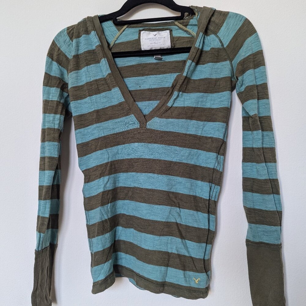 Vintage American Eagle Long-sleeve Hooded Olive/Aqua Striped V-neck, XS